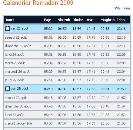 calendrier Ramadan 2009