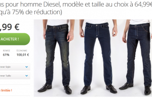 Groupon : jusqu’à 75% de réduction sur des jeans Diesel à 64,99 €