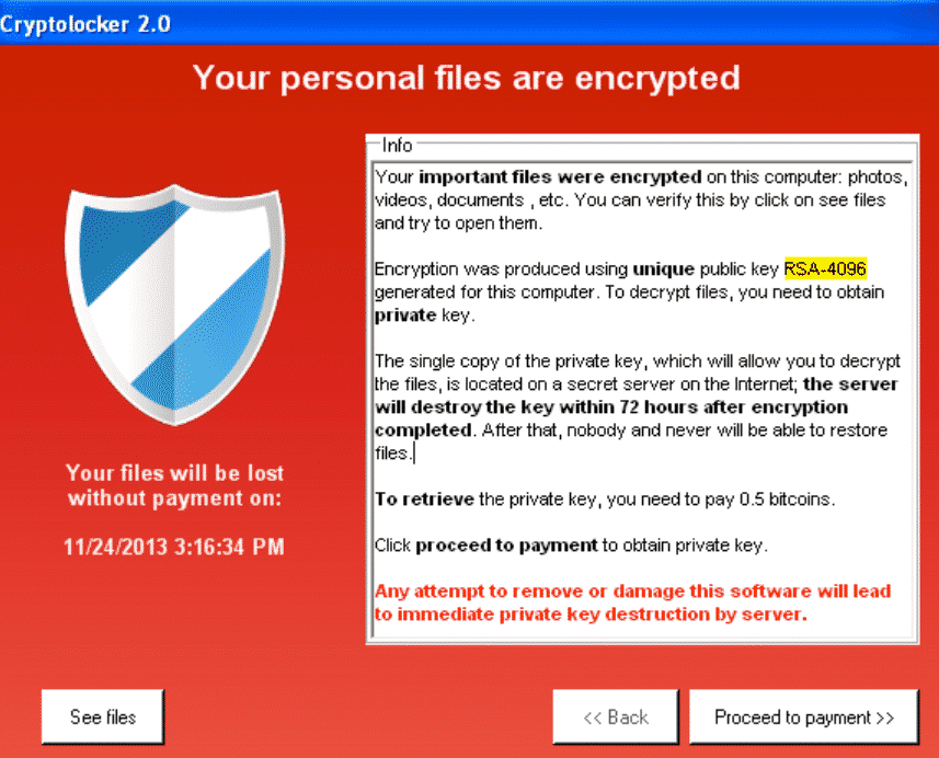 Le virus cryptolocker crypte vos fichiers et vous demande de payer pour les récupérer