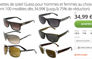 100 modèles de lunettes de soleil Guess à 34,99 € (-71%)