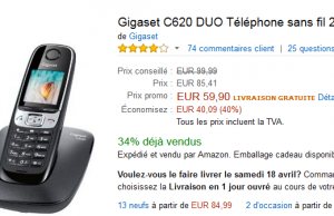 Vente flash : Téléphone fixe Gigaset C620 DUO à 59,90 € (-40%)