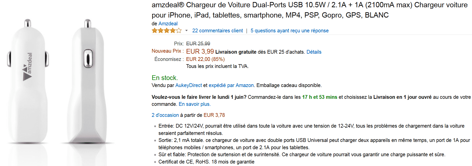 chargeur-double-port-usb-prix-canon-sur-amazon