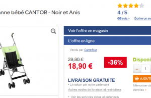 Carrefour : Poussette canne à 18,90 € (-36%)