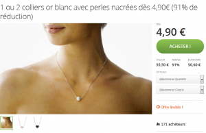 Groupon : collier plaqué or blanc avec perle nacrée à 4,90 €