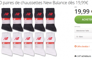 15 paires de chaussettes New Balance blanches ou noires à 19,99 €