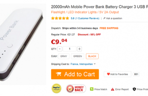 Batterie de secours pour smartphone/tablette ultra puissante (20 000 mAh) à 9,04 €