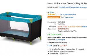 Vente Flash Amazon : Lit Parapluie Hauck  à 27,90 € au lieu de 49,99 €