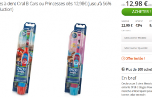Brosse à dents électrique Oral B enfant Cars ou Princesses à 12,98 € au lieu de 22,90 € (-43%)