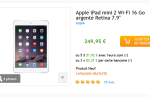 Tarif imbattable sur l’Apple iPad mini 2 Retina Wi-Fi 16 Go à 249,95 €
