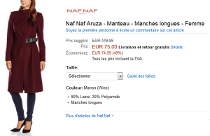 Manteau Naf Naf à 75 € au lieu de 149,99 € sur Amazon (-49%)