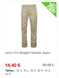 Jeans et chinos Levis pas cher à 14,40 €