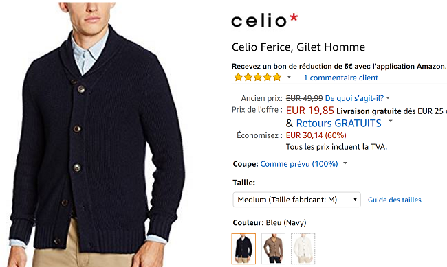Gilet Celio coton pas cher sur Amazon