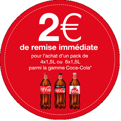 Coupon de réduction Coca-Cola d’une valeur de 2 € à valoir sur un pack (4 ou 6 bouteilles)