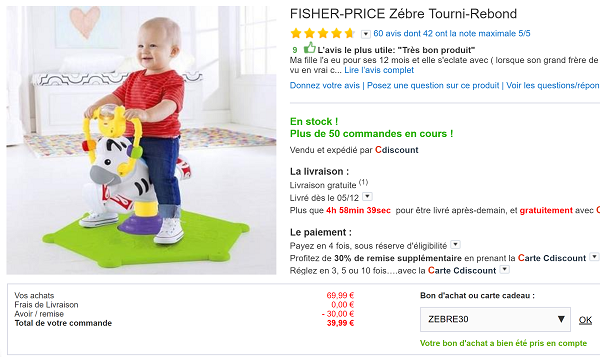Zèbre Tourni-Rebond Fisher Price à 39,99 € chez Cdiscount au lieu
