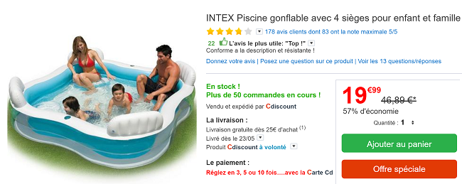 Piscine INTEX gonflable avec 4 sièges pour enfant et famille pas cher