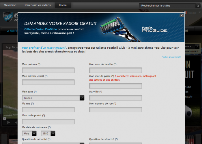 Le formulaire à remplir pour recevoir le rasoir gratuit