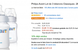 Promotion sur le lot de 3 biberons Philips Avent à 11,50 €