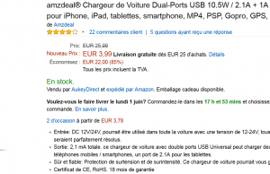 Amazon : Chargeur voiture double port USB à 3,99 € au lieu de 25,99 €