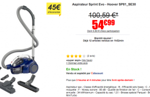 Aspirateur Hoover Sprint Evo SE30 sans sac à 54,99 € au lieu de 100,59 €