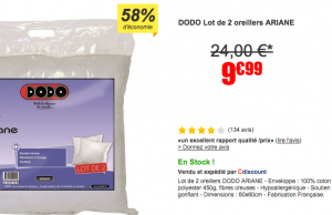 2 oreillers Dodo à 9,99 € au lieu de 24 € (-58%) sur Cdiscount