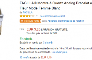 Montre quartz Facilla pour femme à 3,20 € (livraison gratuite) sur Amazon