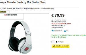 Casque Monster Beats by Dre Studio Blanc à 79,99 € au lieu de 239 €