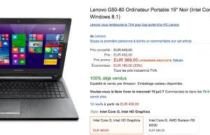 Ordinateur Portable Lenovo G50-80  à 369 € au lieu de 549 € (-33%) sur Amazon