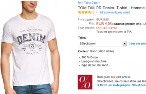 T-shirt Tom Tailor à 4,98 € et Jack Jones à 8,40 € sur Amazon