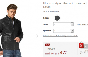 Magnifique veste cuir pour homme à 47,60 € au lieu de 119 € (-60%)