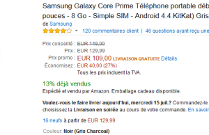 Samsung Galaxy Core à 109 € – Premium Day Amazon