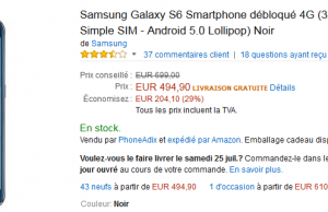 Samsung Galaxy S6 Noir 32 Go débloqué neuf à 494,90 € au lieu de 699 € (-204 €) sur Amazon