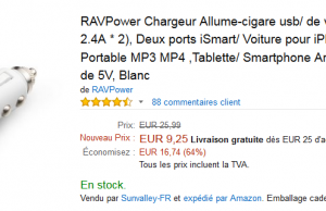 Chargeur allume cigare double RAVPower à 9,25 € au lieu de 25,99 € sur Amazon