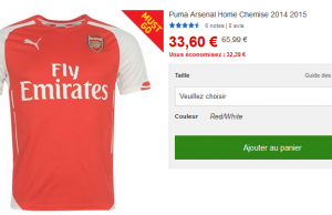 Maillot FC Arsenal à 39,59 € (frais de port inclus)