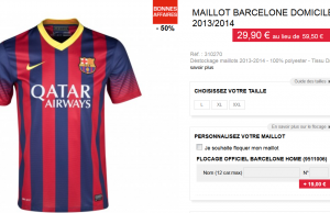 Maillot du FC Barcelone à 37,80 € sur Made in Sport (livraison incluse)