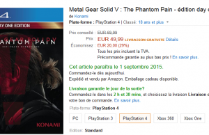 Metal Gear Solid 5 The Phantom Pain sur PS4 ou Xbox One à 49,99 € chez Amazon (livraison gratuite le jour de la sortie)