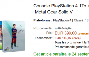 Amazon : PS4 1To + Fifa 16 + Metal Gear Solid V à 399 € au lieu de 539 €