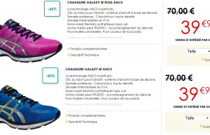 Go Sport : paire de running Asics pour femme (fushia) et homme (bleu) à 39,99 € (-43%)