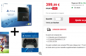 PS4 1To + Fifa 16 ou GTA 5 + 2ème Manette Dual Shock 4 à 399 € chez Auchan