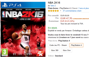 Amazon : NBA 2K16 à 47,76 € sur PS4/Xbox One et 35 € sur PS3/Xbox 360/PC (livraison gratuite)