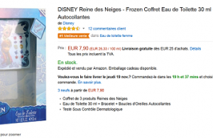 Coffret Disney Reine des Neiges : Parfum 30 ml + Bracelet + Boucles d’Oreilles Autocollantes à 7,90 € sur Amazon