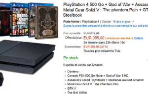 Pack PlayStation 4 500 Go + Metal Gear Solid V + GTA V + The Evil Within + God of War 3 + Assassin’s Creed Syndicate + Steelbook à 365 €