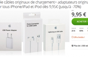 Groupon : câble officiel de chargement Apple à 9,95 € (iPhone 4/4S) et 12,95 € (iPhone 5,5C, 5S, 6, 6S, 6S+)