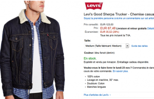 Veste Levis en jean fourrée à 87 € au lieu de 119 € sur Amazon
