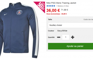 Veste de jogging Nike du PSG (XL uniquement) à 36 € au lieu de 71,99 € (-50%)