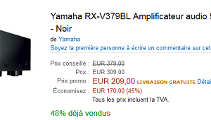 Ampli Yamaha RX-V379BL à 209 € au lieu de 379 € sur Amazon (-45%)
