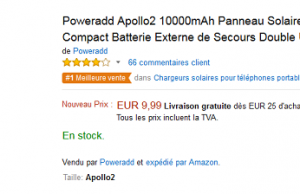 Batterie de secours de 10 000 mAh rechargeable par USB ou panneau solaire à 9,99 €