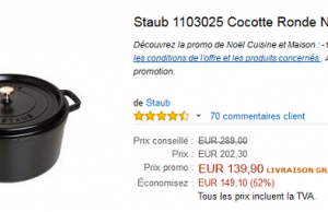 Cocotte Professionnelle Staub garantie à vie à 139,90 € au lieu de 289 €