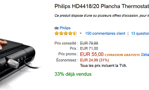 Plancha Philips HD4418 à 55 € au lieu de 79 € (-33%)