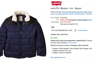 Blouson Levis pour garçon à 35,98 € au lieu de 99 € (livraison gratuite)