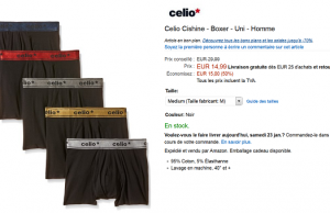 5 boxers Celio à 14,99 € au lieu de 29,99 € (-50%)